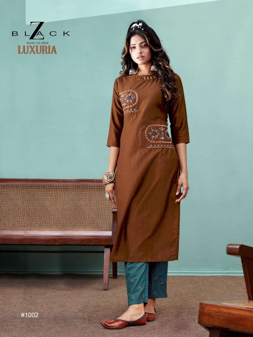 LUXURIA BY Z BLACK 1001 TO 1006 SERIES DESIGNER STYLISH FANCY COLORFUL BEAUTIFUL PARTY WEAR & ETHNIC WEAR COLLECTION CHINNON SILK EMBROIDERY KURTIS WITH BOTTOM AT WHOLESALE PRICE