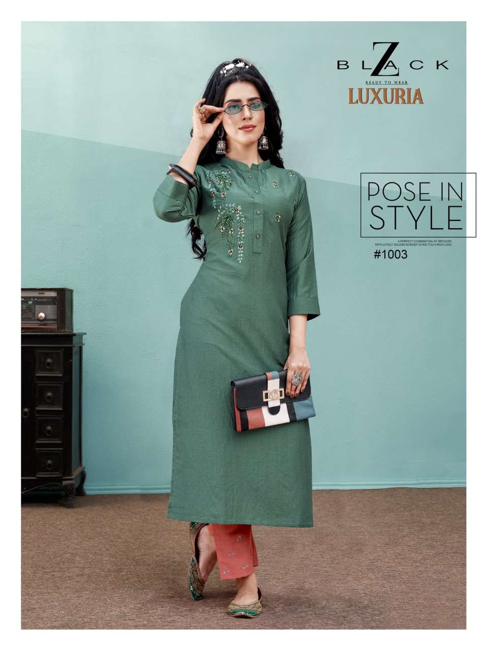 LUXURIA BY Z BLACK 1001 TO 1006 SERIES DESIGNER STYLISH FANCY COLORFUL BEAUTIFUL PARTY WEAR & ETHNIC WEAR COLLECTION CHINNON SILK EMBROIDERY KURTIS WITH BOTTOM AT WHOLESALE PRICE