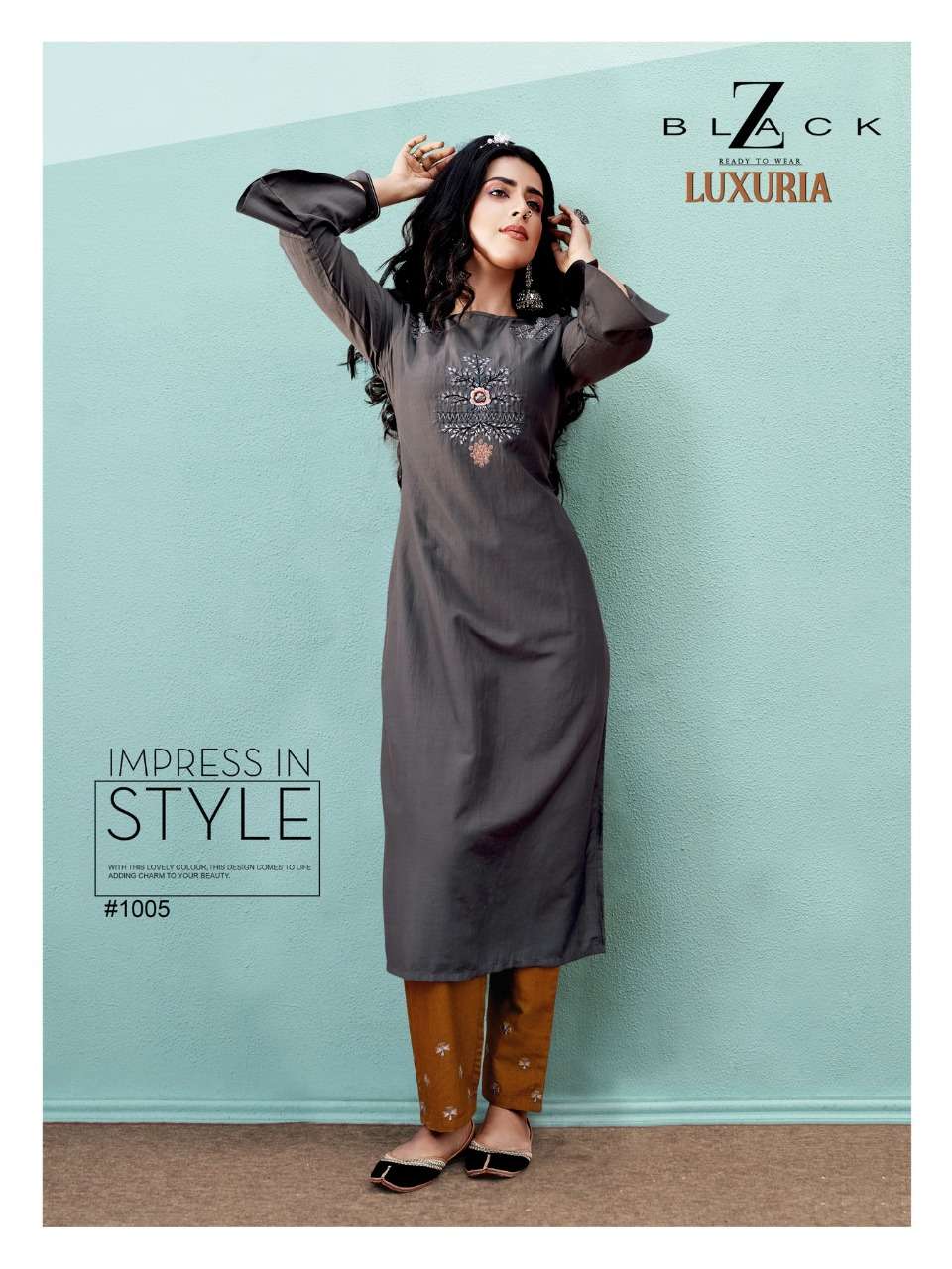 LUXURIA BY Z BLACK 1001 TO 1006 SERIES DESIGNER STYLISH FANCY COLORFUL BEAUTIFUL PARTY WEAR & ETHNIC WEAR COLLECTION CHINNON SILK EMBROIDERY KURTIS WITH BOTTOM AT WHOLESALE PRICE