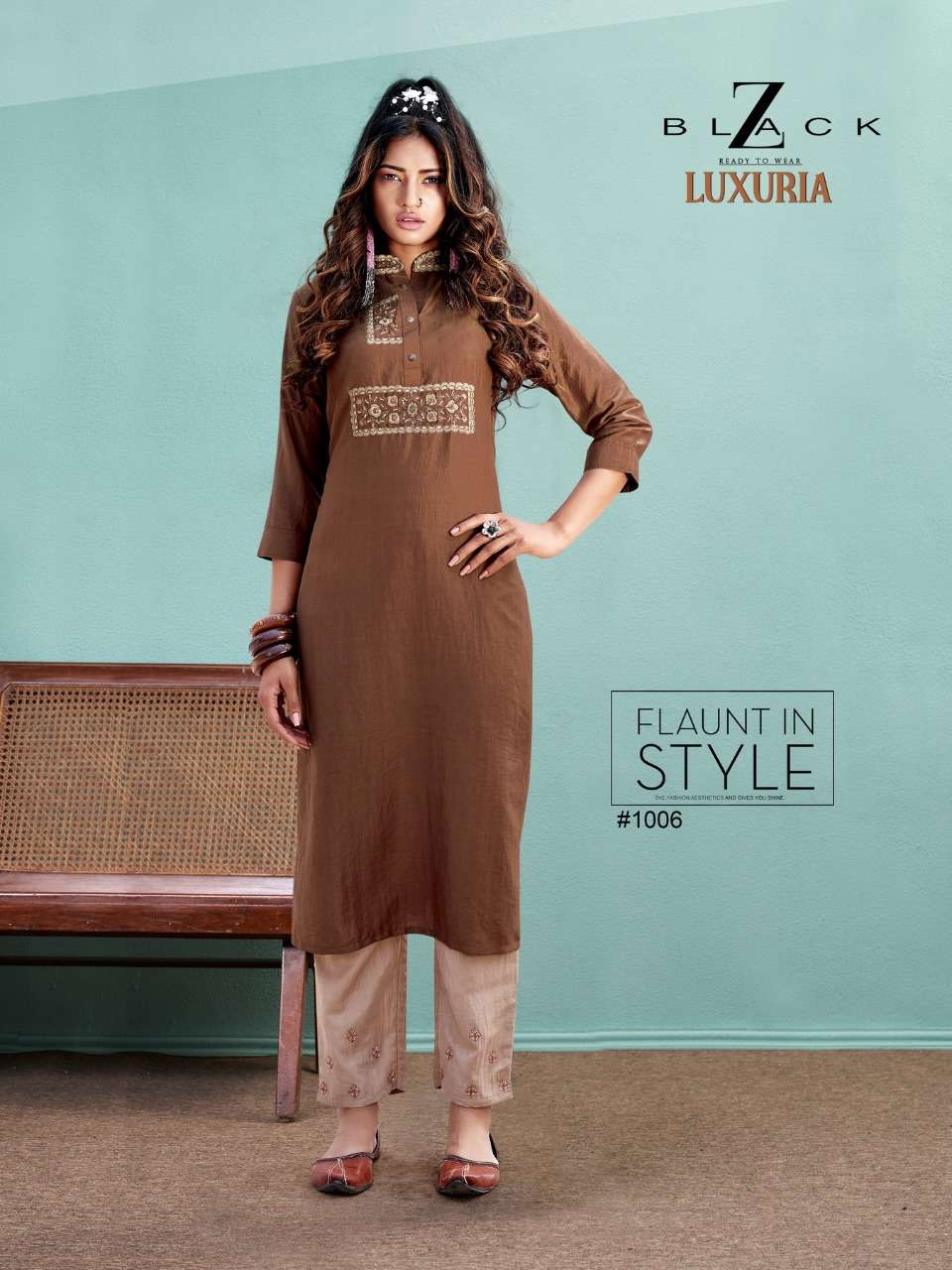 LUXURIA BY Z BLACK 1001 TO 1006 SERIES DESIGNER STYLISH FANCY COLORFUL BEAUTIFUL PARTY WEAR & ETHNIC WEAR COLLECTION CHINNON SILK EMBROIDERY KURTIS WITH BOTTOM AT WHOLESALE PRICE