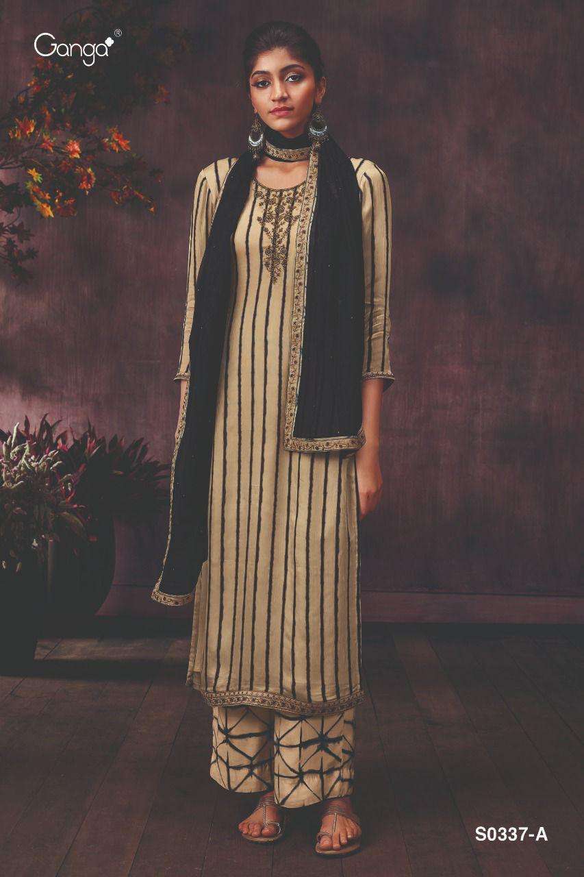 DEMI-337 BY GANGA FASHION 337-A TO 337-D SERIES BEAUTIFUL SUITS COLORFUL STYLISH FANCY CASUAL WEAR & ETHNIC WEAR PURE SILK CHIFFON SATIN PRINT WITH EMBROIDERY WORK DRESSES AT WHOLESALE PRICE