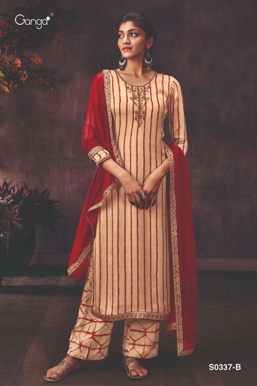 DEMI-337 BY GANGA FASHION 337-A TO 337-D SERIES BEAUTIFUL SUITS COLORFUL STYLISH FANCY CASUAL WEAR & ETHNIC WEAR PURE SILK CHIFFON SATIN PRINT WITH EMBROIDERY WORK DRESSES AT WHOLESALE PRICE