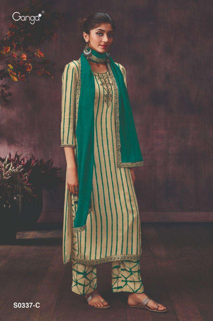 DEMI-337 BY GANGA FASHION 337-A TO 337-D SERIES BEAUTIFUL SUITS COLORFUL STYLISH FANCY CASUAL WEAR & ETHNIC WEAR PURE SILK CHIFFON SATIN PRINT WITH EMBROIDERY WORK DRESSES AT WHOLESALE PRICE