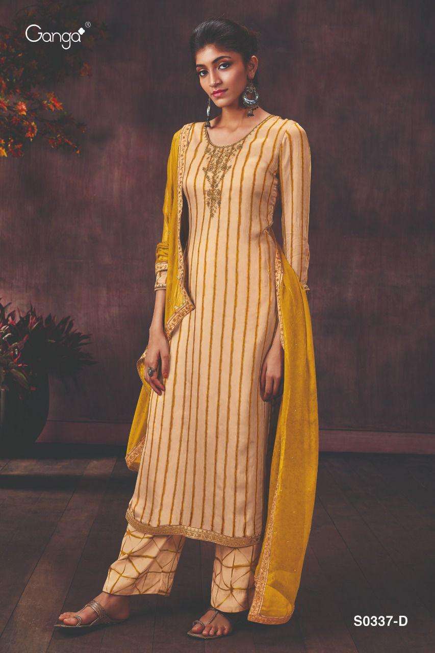 DEMI-337 BY GANGA FASHION 337-A TO 337-D SERIES BEAUTIFUL SUITS COLORFUL STYLISH FANCY CASUAL WEAR & ETHNIC WEAR PURE SILK CHIFFON SATIN PRINT WITH EMBROIDERY WORK DRESSES AT WHOLESALE PRICE