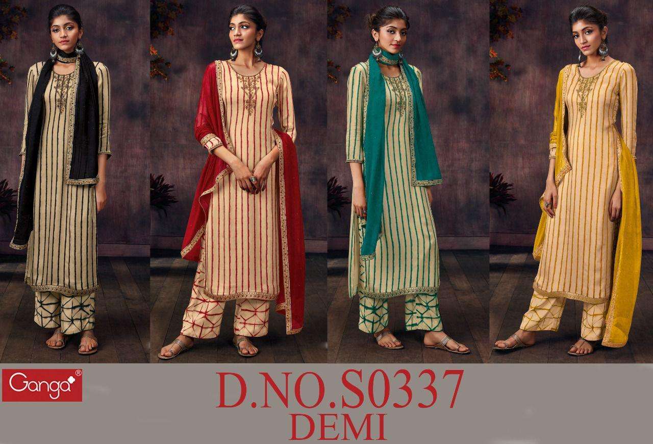 DEMI-337 BY GANGA FASHION 337-A TO 337-D SERIES BEAUTIFUL SUITS COLORFUL STYLISH FANCY CASUAL WEAR & ETHNIC WEAR PURE SILK CHIFFON SATIN PRINT WITH EMBROIDERY WORK DRESSES AT WHOLESALE PRICE
