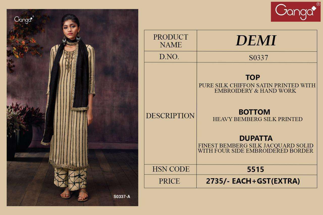 DEMI-337 BY GANGA FASHION 337-A TO 337-D SERIES BEAUTIFUL SUITS COLORFUL STYLISH FANCY CASUAL WEAR & ETHNIC WEAR PURE SILK CHIFFON SATIN PRINT WITH EMBROIDERY WORK DRESSES AT WHOLESALE PRICE