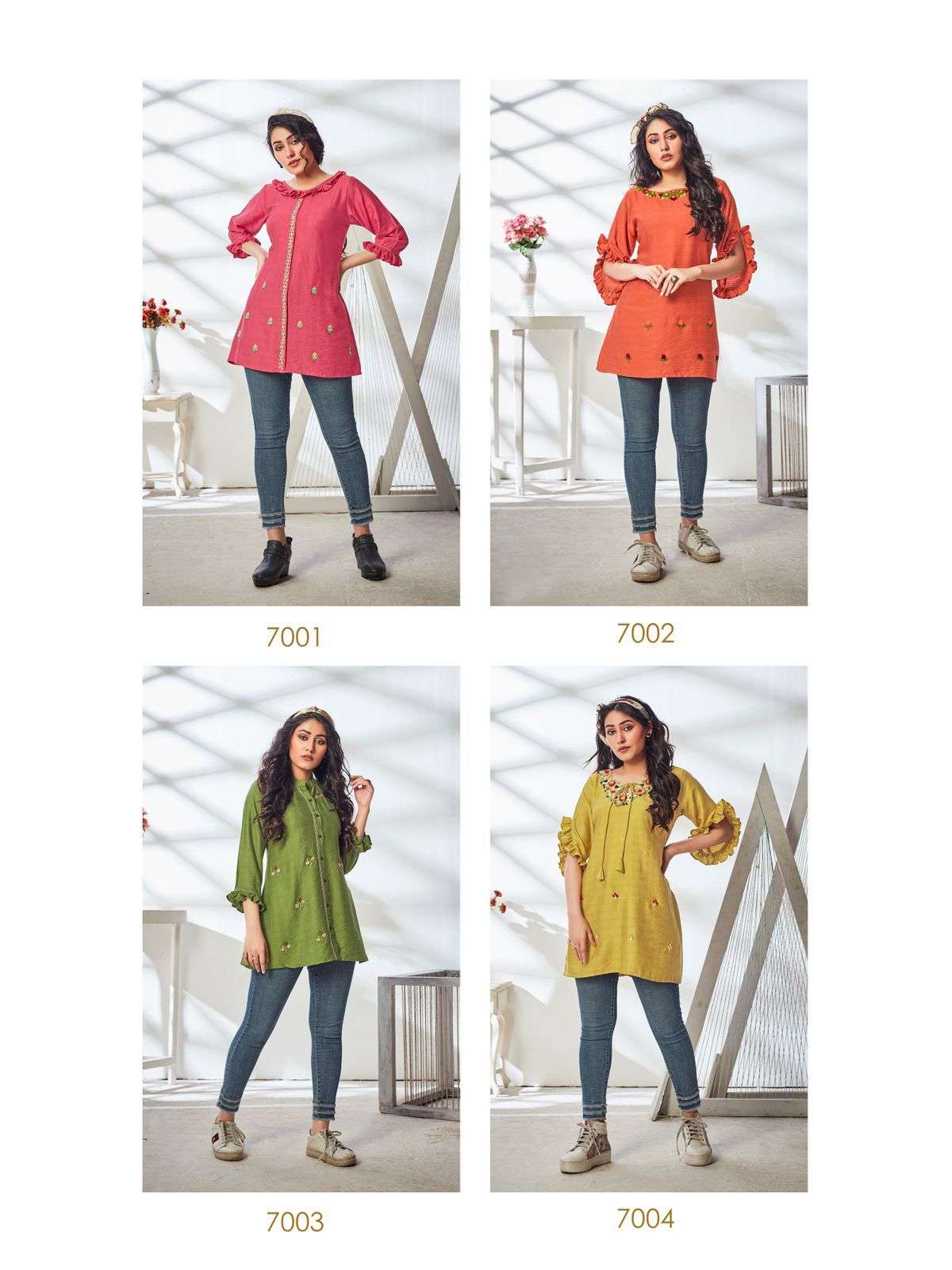 CALISTA BY KURTI TIMES 1001 TO 1004 SERIES BEAUTIFUL STYLISH FANCY COLORFUL CASUAL WEAR & ETHNIC WEAR VISCOSE EMBROIDERED TOPS AT WHOLESALE PRICE