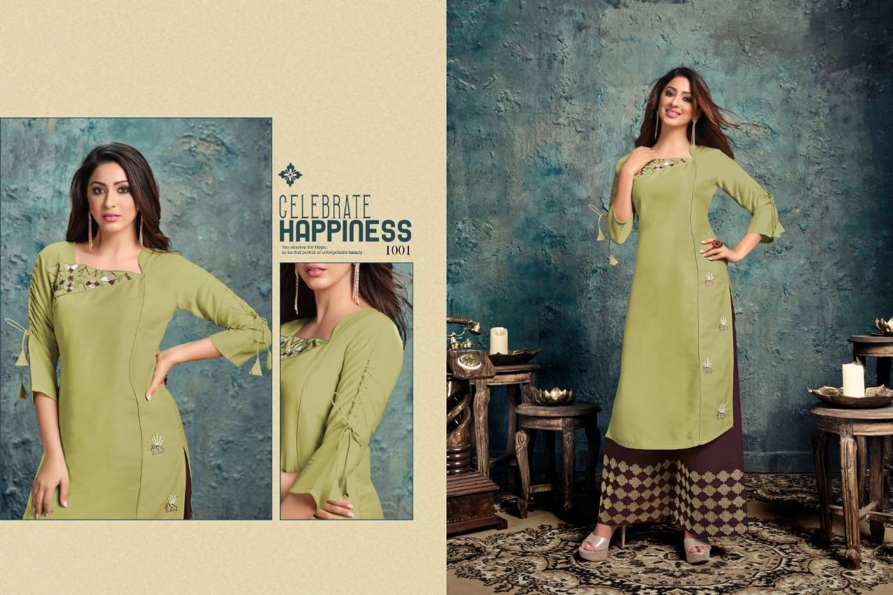 INNARA BY SLIVA 1001 TO 1005 SERIES DESIGNER STYLISH FANCY COLORFUL BEAUTIFUL PARTY WEAR & ETHNIC WEAR COLLECTION CHINNON EMBROIDERY KURTIS WITH BOTTOM AT WHOLESALE PRICE