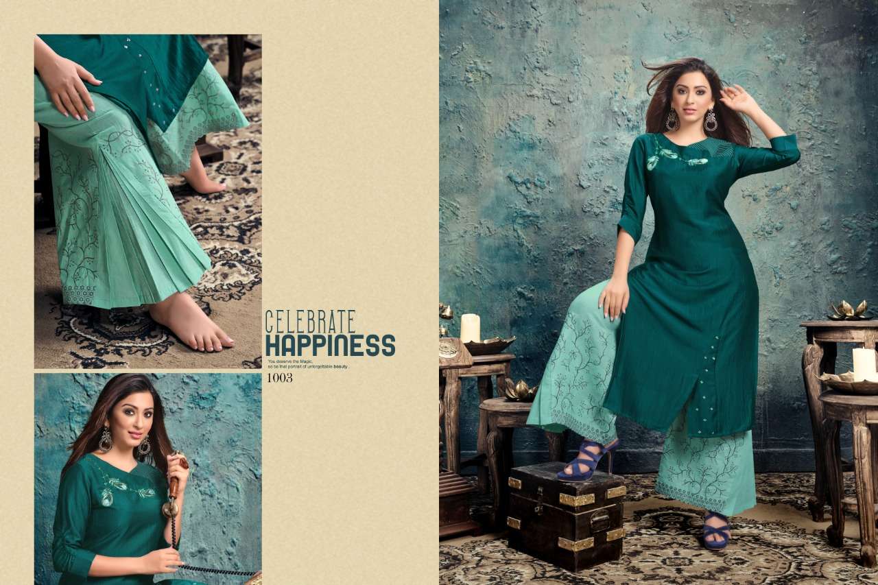 INNARA BY SLIVA 1001 TO 1005 SERIES DESIGNER STYLISH FANCY COLORFUL BEAUTIFUL PARTY WEAR & ETHNIC WEAR COLLECTION CHINNON EMBROIDERY KURTIS WITH BOTTOM AT WHOLESALE PRICE