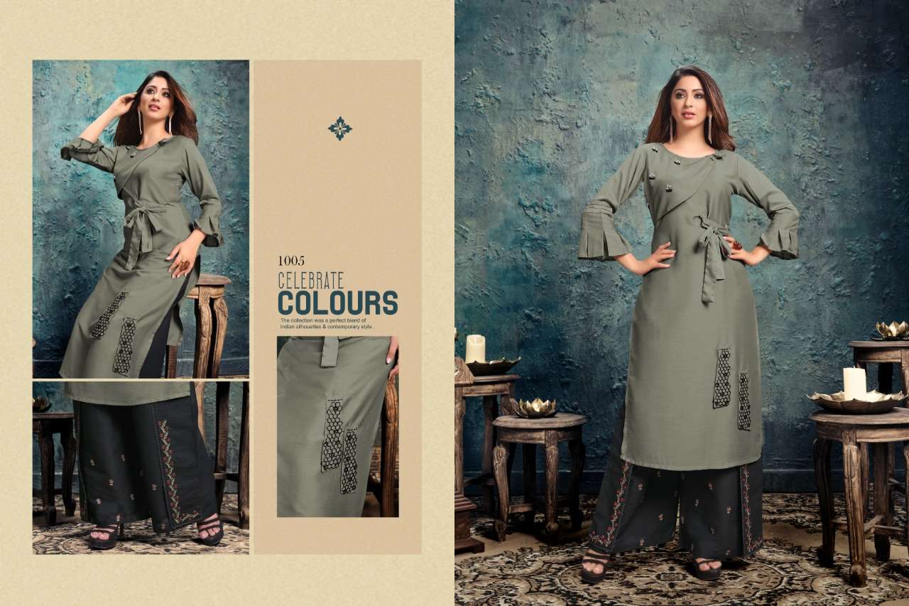 INNARA BY SLIVA 1001 TO 1005 SERIES DESIGNER STYLISH FANCY COLORFUL BEAUTIFUL PARTY WEAR & ETHNIC WEAR COLLECTION CHINNON EMBROIDERY KURTIS WITH BOTTOM AT WHOLESALE PRICE