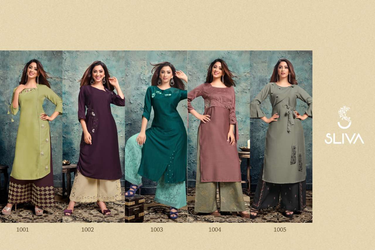 INNARA BY SLIVA 1001 TO 1005 SERIES DESIGNER STYLISH FANCY COLORFUL BEAUTIFUL PARTY WEAR & ETHNIC WEAR COLLECTION CHINNON EMBROIDERY KURTIS WITH BOTTOM AT WHOLESALE PRICE