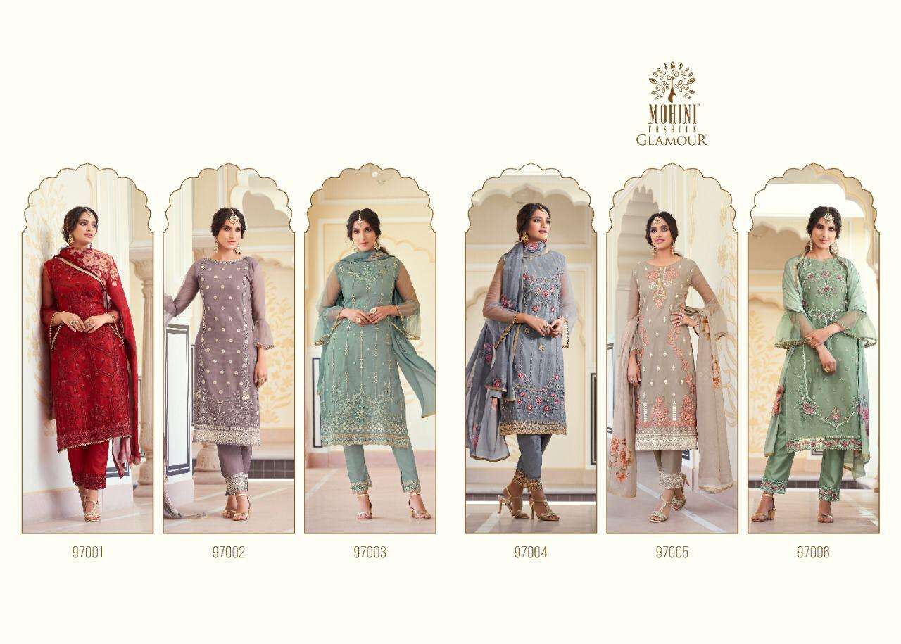 GLAMOUR VOL-97 BY MOHINI FASHION 97001 TO 97006 SERIES DESIGNER FESTIVE SUITS COLLECTION BEAUTIFUL STYLISH FANCY COLORFUL PARTY WEAR & OCCASIONAL WEAR NET EMBROIDERED DRESSES AT WHOLESALE PRICE
