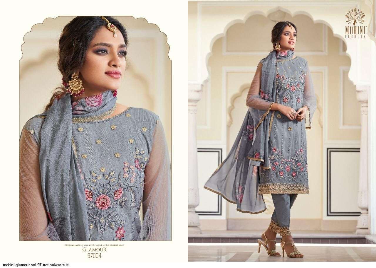 GLAMOUR VOL-97 BY MOHINI FASHION 97001 TO 97006 SERIES DESIGNER FESTIVE SUITS COLLECTION BEAUTIFUL STYLISH FANCY COLORFUL PARTY WEAR & OCCASIONAL WEAR NET EMBROIDERED DRESSES AT WHOLESALE PRICE