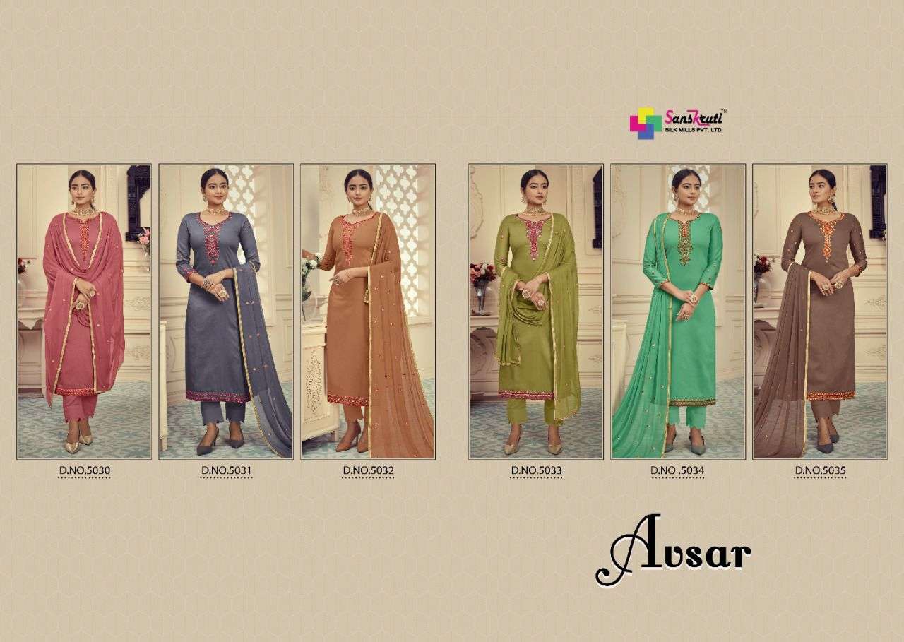 AVSAR BY SANSKRUTI SILK MILLS 5030 TO 5035 SERIES BEAUTIFUL SUITS COLORFUL STYLISH FANCY CASUAL WEAR & ETHNIC WEAR PURE JAM SILK DRESSES AT WHOLESALE PRICE