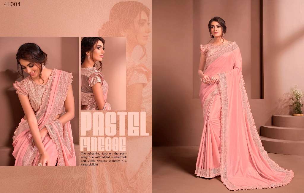 MODERN VIBES BY INDO VASTRA 41004 TO 41019 SERIES INDIAN TRADITIONAL WEAR COLLECTION BEAUTIFUL STYLISH FANCY COLORFUL PARTY WEAR & OCCASIONAL WEAR SATIN/SILK SAREES AT WHOLESALE PRICE