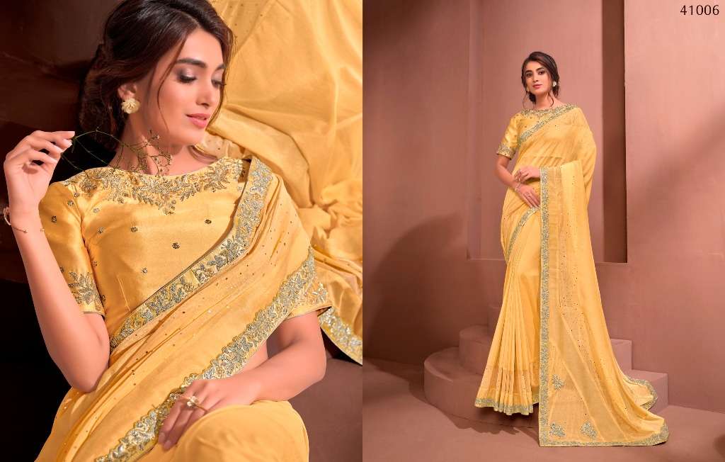 MODERN VIBES BY INDO VASTRA 41004 TO 41019 SERIES INDIAN TRADITIONAL WEAR COLLECTION BEAUTIFUL STYLISH FANCY COLORFUL PARTY WEAR & OCCASIONAL WEAR SATIN/SILK SAREES AT WHOLESALE PRICE
