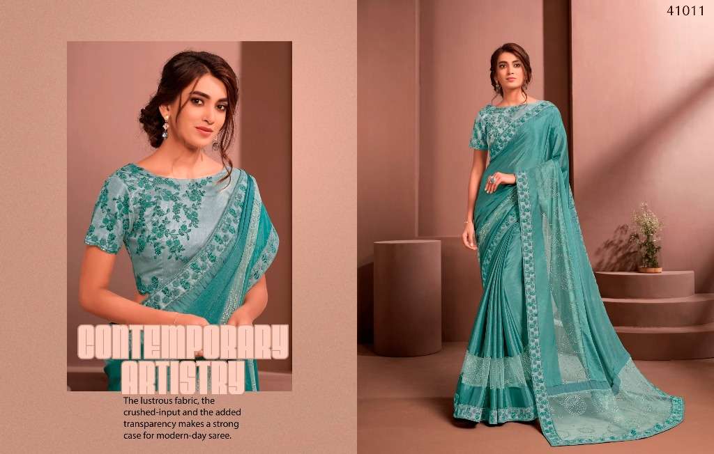 MODERN VIBES BY INDO VASTRA 41004 TO 41019 SERIES INDIAN TRADITIONAL WEAR COLLECTION BEAUTIFUL STYLISH FANCY COLORFUL PARTY WEAR & OCCASIONAL WEAR SATIN/SILK SAREES AT WHOLESALE PRICE