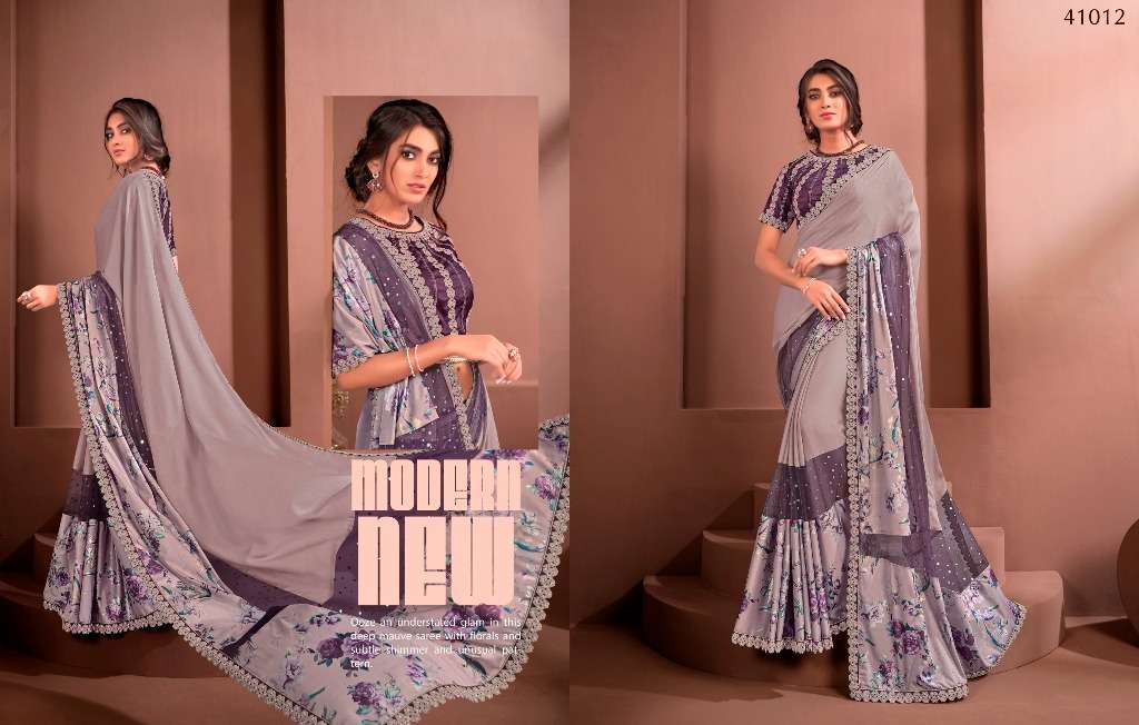 MODERN VIBES BY INDO VASTRA 41004 TO 41019 SERIES INDIAN TRADITIONAL WEAR COLLECTION BEAUTIFUL STYLISH FANCY COLORFUL PARTY WEAR & OCCASIONAL WEAR SATIN/SILK SAREES AT WHOLESALE PRICE