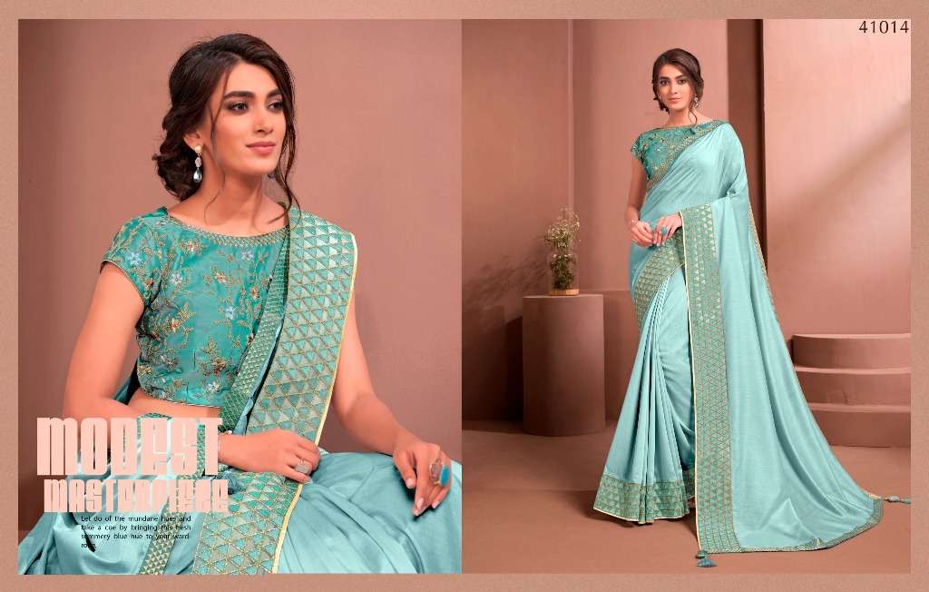 MODERN VIBES BY INDO VASTRA 41004 TO 41019 SERIES INDIAN TRADITIONAL WEAR COLLECTION BEAUTIFUL STYLISH FANCY COLORFUL PARTY WEAR & OCCASIONAL WEAR SATIN/SILK SAREES AT WHOLESALE PRICE