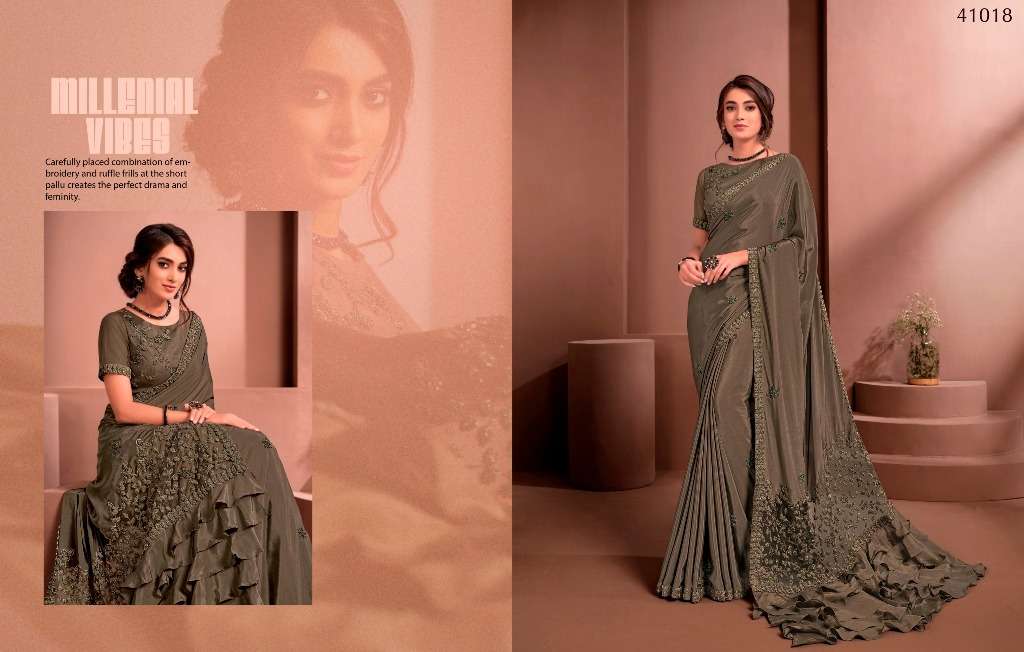 MODERN VIBES BY INDO VASTRA 41004 TO 41019 SERIES INDIAN TRADITIONAL WEAR COLLECTION BEAUTIFUL STYLISH FANCY COLORFUL PARTY WEAR & OCCASIONAL WEAR SATIN/SILK SAREES AT WHOLESALE PRICE