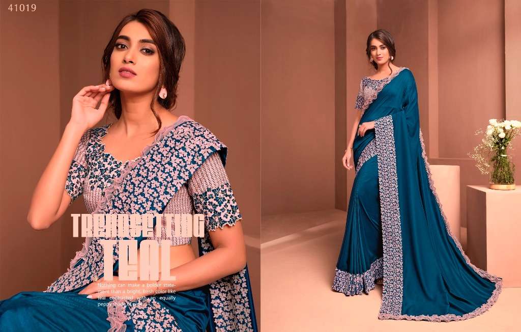 MODERN VIBES BY INDO VASTRA 41004 TO 41019 SERIES INDIAN TRADITIONAL WEAR COLLECTION BEAUTIFUL STYLISH FANCY COLORFUL PARTY WEAR & OCCASIONAL WEAR SATIN/SILK SAREES AT WHOLESALE PRICE