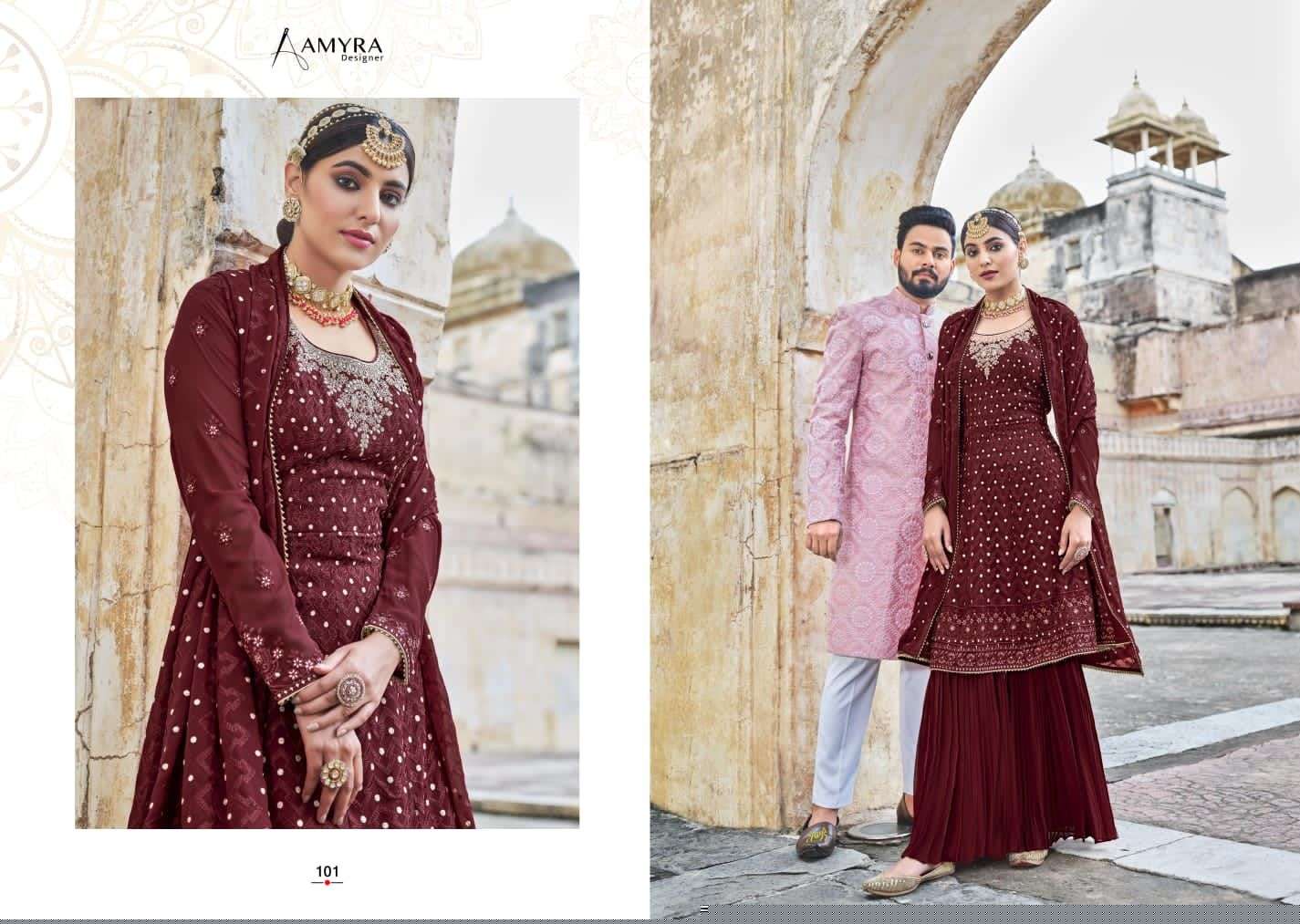 Ruby By Amyra Designer 101 To 105 Series Beautiful Stylish Sharara Suits Fancy Colorful Casual Wear & Ethnic Wear & Ready To Wear Heavy Blooming Georgette Dresses At Wholesale Price