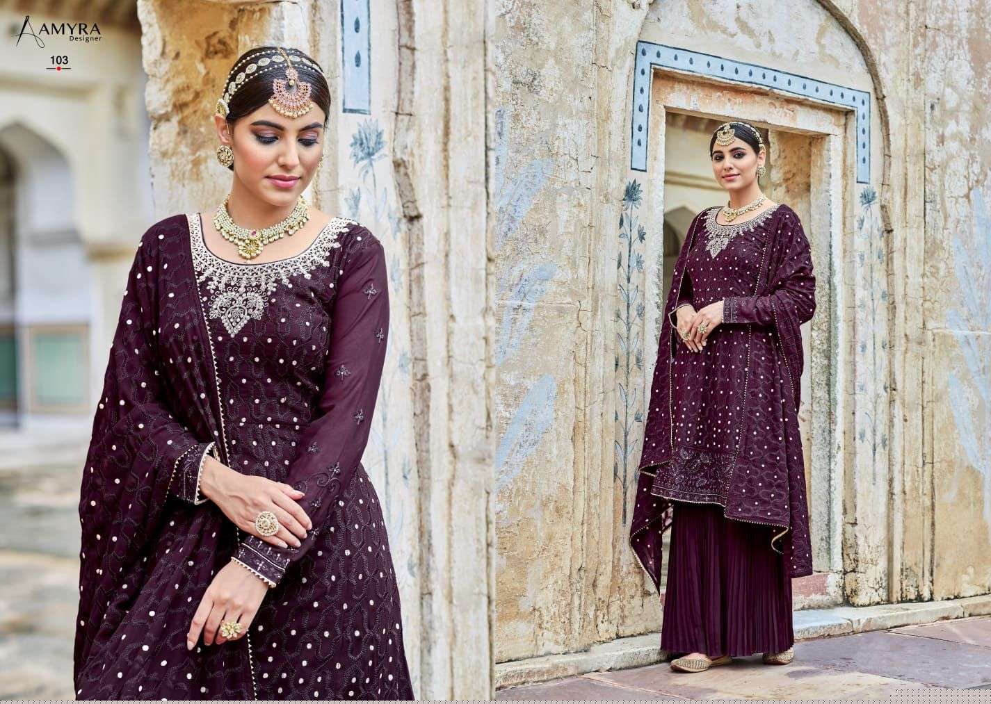 Ruby By Amyra Designer 101 To 105 Series Beautiful Stylish Sharara Suits Fancy Colorful Casual Wear & Ethnic Wear & Ready To Wear Heavy Blooming Georgette Dresses At Wholesale Price