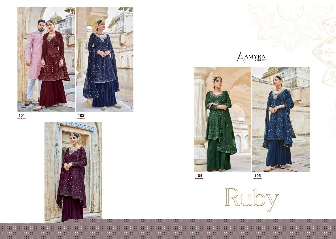 Ruby By Amyra Designer 101 To 105 Series Beautiful Stylish Sharara Suits Fancy Colorful Casual Wear & Ethnic Wear & Ready To Wear Heavy Blooming Georgette Dresses At Wholesale Price