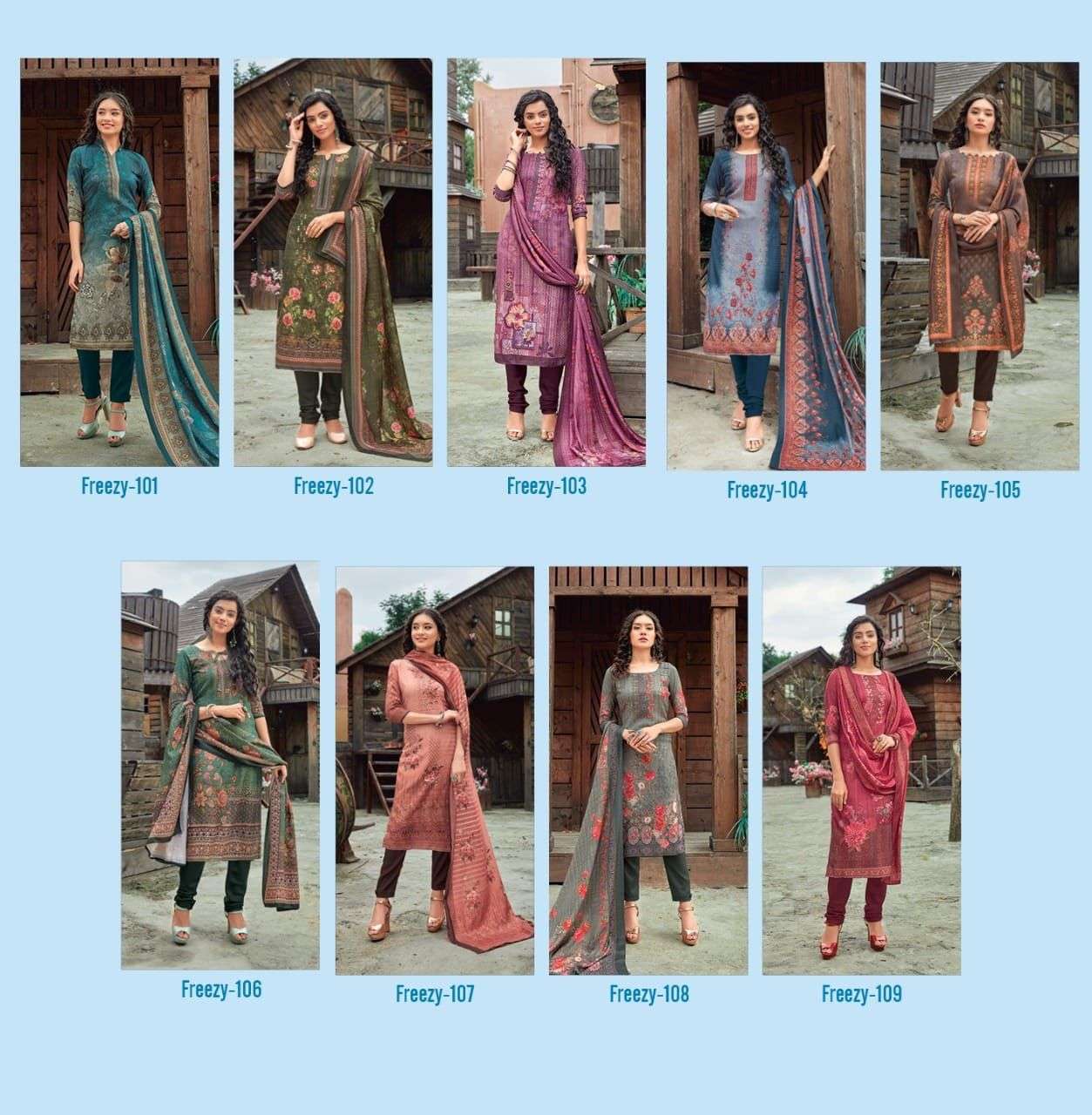 FREEZY BY RAHEJA 101 TO 109 SERIES BEAUTIFUL STYLISH SHARARA SUITS FANCY COLORFUL CASUAL WEAR & ETHNIC WEAR & READY TO WEAR PASHMINA DIGITAL PRINTED DRESSES AT WHOLESALE PRICE