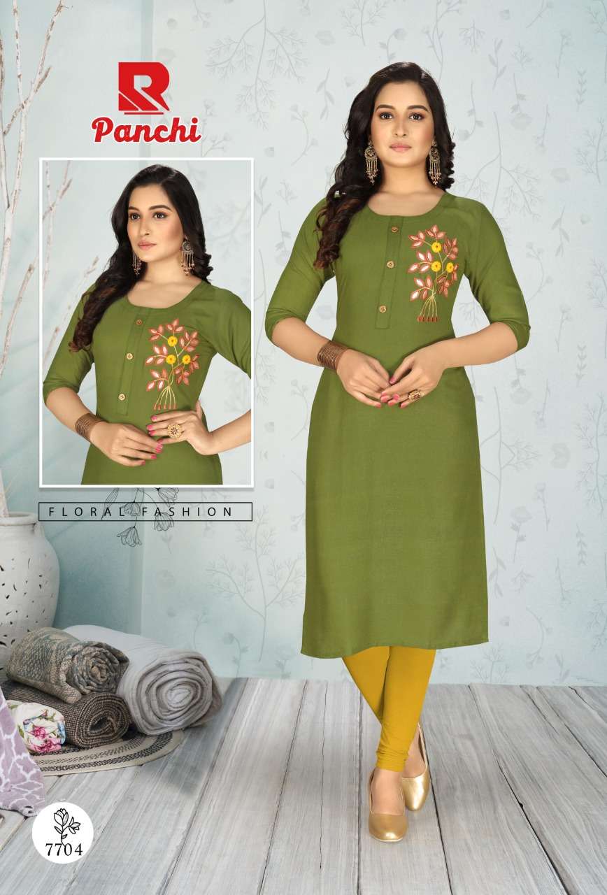 PANCHI BY RAASHI 7701 TO 7712 SERIES DESIGNER STYLISH FANCY COLORFUL BEAUTIFUL PARTY WEAR & ETHNIC WEAR COLLECTION RAYON EMBROIDERY KURTIS AT WHOLESALE PRICE