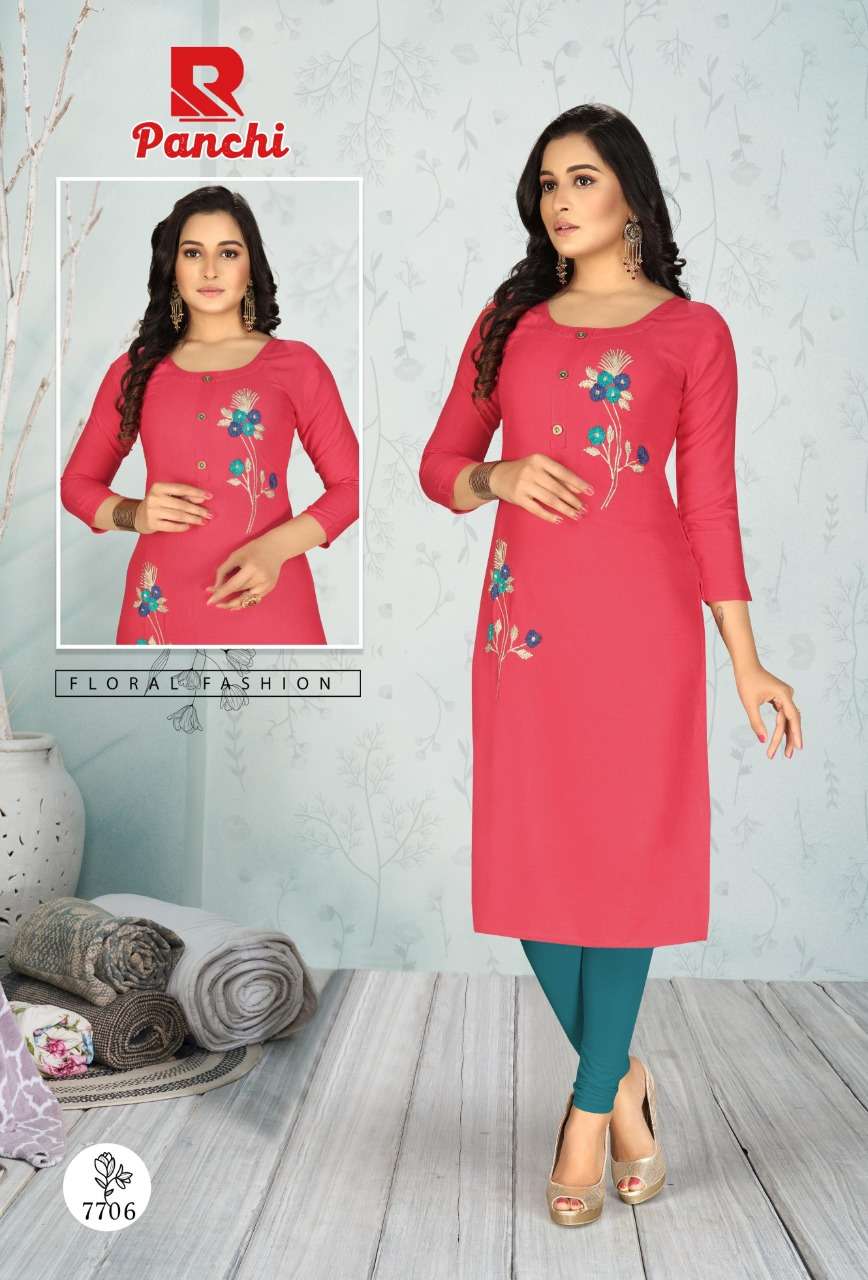 PANCHI BY RAASHI 7701 TO 7712 SERIES DESIGNER STYLISH FANCY COLORFUL BEAUTIFUL PARTY WEAR & ETHNIC WEAR COLLECTION RAYON EMBROIDERY KURTIS AT WHOLESALE PRICE