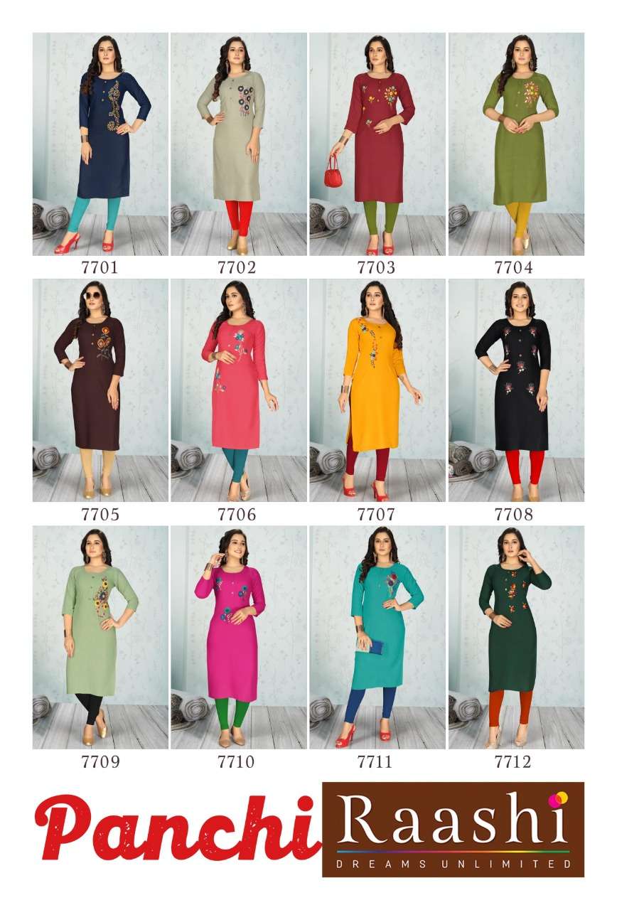 PANCHI BY RAASHI 7701 TO 7712 SERIES DESIGNER STYLISH FANCY COLORFUL BEAUTIFUL PARTY WEAR & ETHNIC WEAR COLLECTION RAYON EMBROIDERY KURTIS AT WHOLESALE PRICE