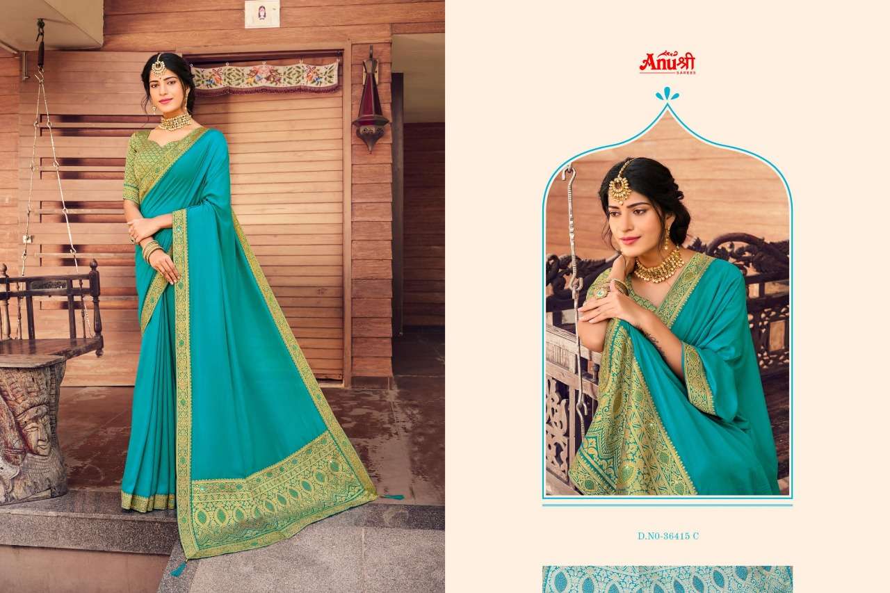 DEBANSHI BY ANUSHREE 36415-A TO 36415-H SERIES INDIAN TRADITIONAL WEAR COLLECTION BEAUTIFUL STYLISH FANCY COLORFUL PARTY WEAR & OCCASIONAL WEAR CHINNON GEORGETTE SAREES AT WHOLESALE PRICE
