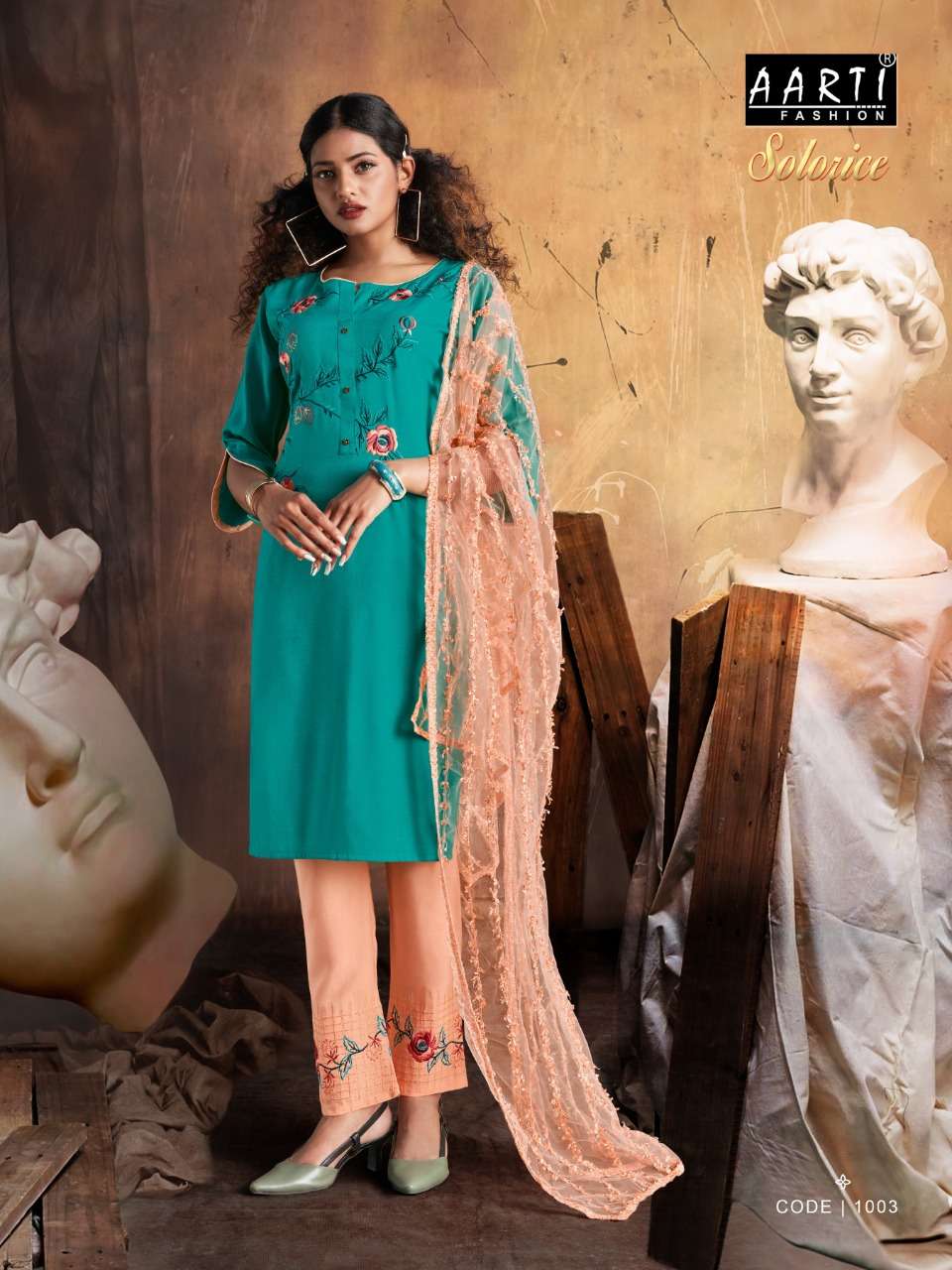 SOLORICE BY AARTI FASHION 1001 TO 1006 SERIES BEAUTIFUL SUITS COLORFUL STYLISH FANCY CASUAL WEAR & ETHNIC WEAR RAYON SLUB EMBROIDERED DRESSES AT WHOLESALE PRICE
