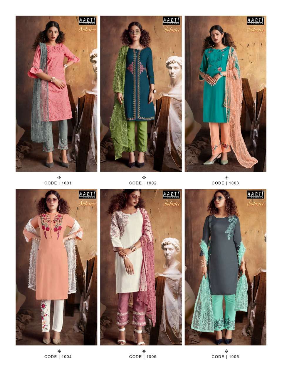 SOLORICE BY AARTI FASHION 1001 TO 1006 SERIES BEAUTIFUL SUITS COLORFUL STYLISH FANCY CASUAL WEAR & ETHNIC WEAR RAYON SLUB EMBROIDERED DRESSES AT WHOLESALE PRICE