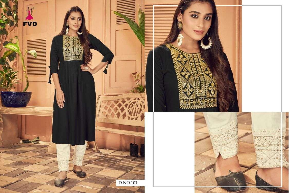 KESHAR BY FVD 101 TO 108 SERIES DESIGNER STYLISH FANCY COLORFUL BEAUTIFUL PARTY WEAR & ETHNIC WEAR COLLECTION RAYON PRINT KURTIS WITH BOTTOM AT WHOLESALE PRICE