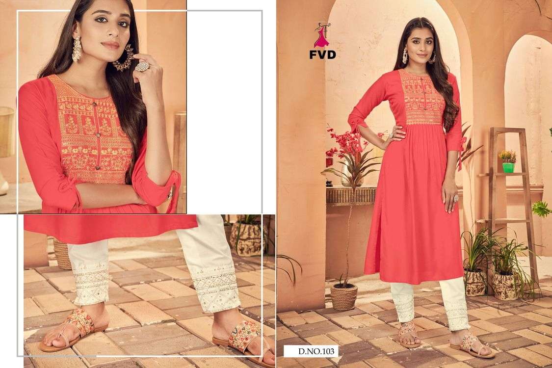 KESHAR BY FVD 101 TO 108 SERIES DESIGNER STYLISH FANCY COLORFUL BEAUTIFUL PARTY WEAR & ETHNIC WEAR COLLECTION RAYON PRINT KURTIS WITH BOTTOM AT WHOLESALE PRICE