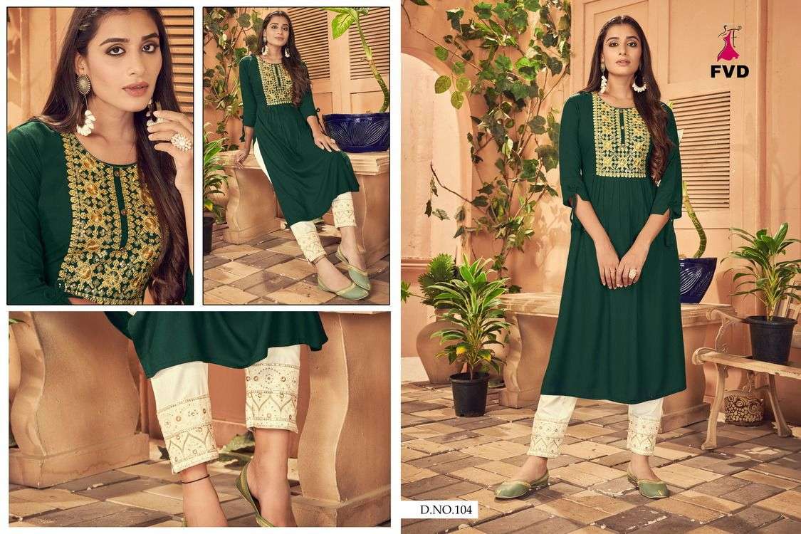 KESHAR BY FVD 101 TO 108 SERIES DESIGNER STYLISH FANCY COLORFUL BEAUTIFUL PARTY WEAR & ETHNIC WEAR COLLECTION RAYON PRINT KURTIS WITH BOTTOM AT WHOLESALE PRICE