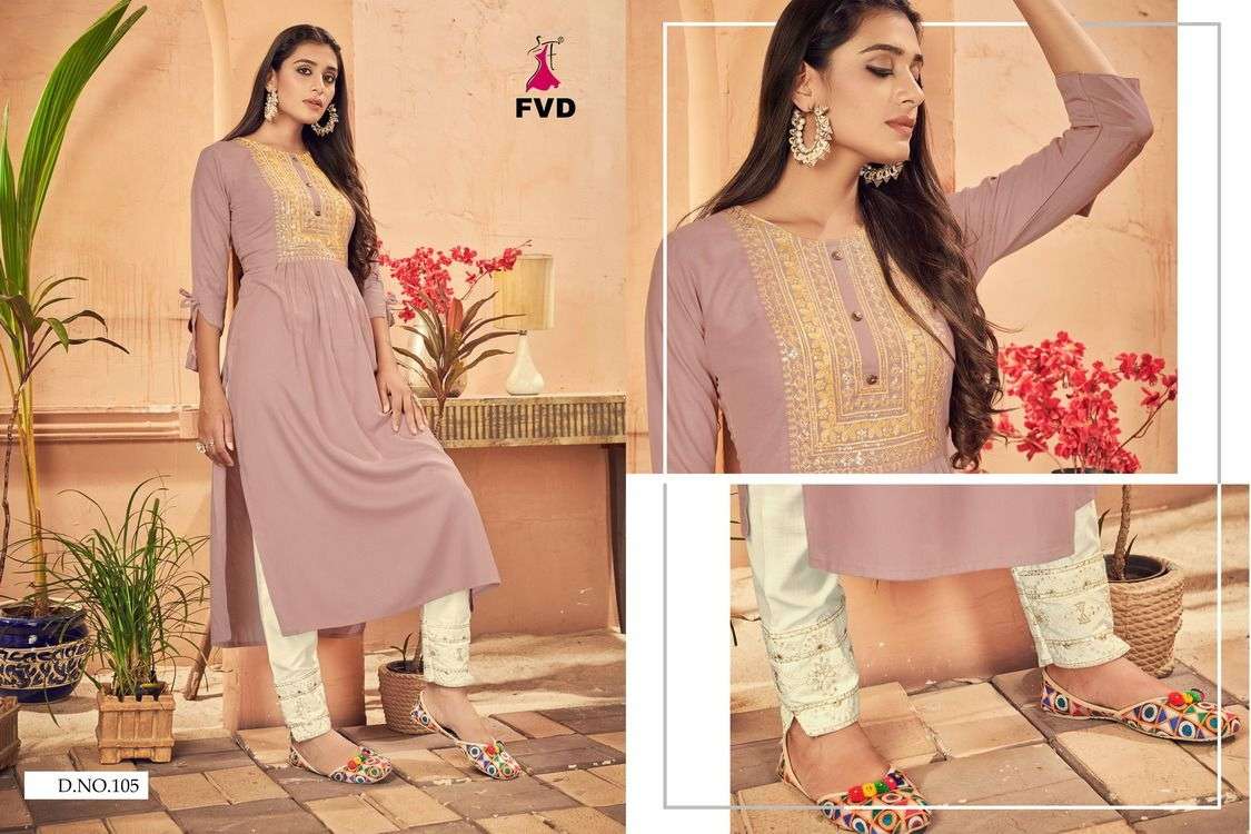 KESHAR BY FVD 101 TO 108 SERIES DESIGNER STYLISH FANCY COLORFUL BEAUTIFUL PARTY WEAR & ETHNIC WEAR COLLECTION RAYON PRINT KURTIS WITH BOTTOM AT WHOLESALE PRICE