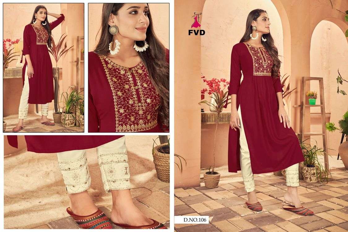 KESHAR BY FVD 101 TO 108 SERIES DESIGNER STYLISH FANCY COLORFUL BEAUTIFUL PARTY WEAR & ETHNIC WEAR COLLECTION RAYON PRINT KURTIS WITH BOTTOM AT WHOLESALE PRICE