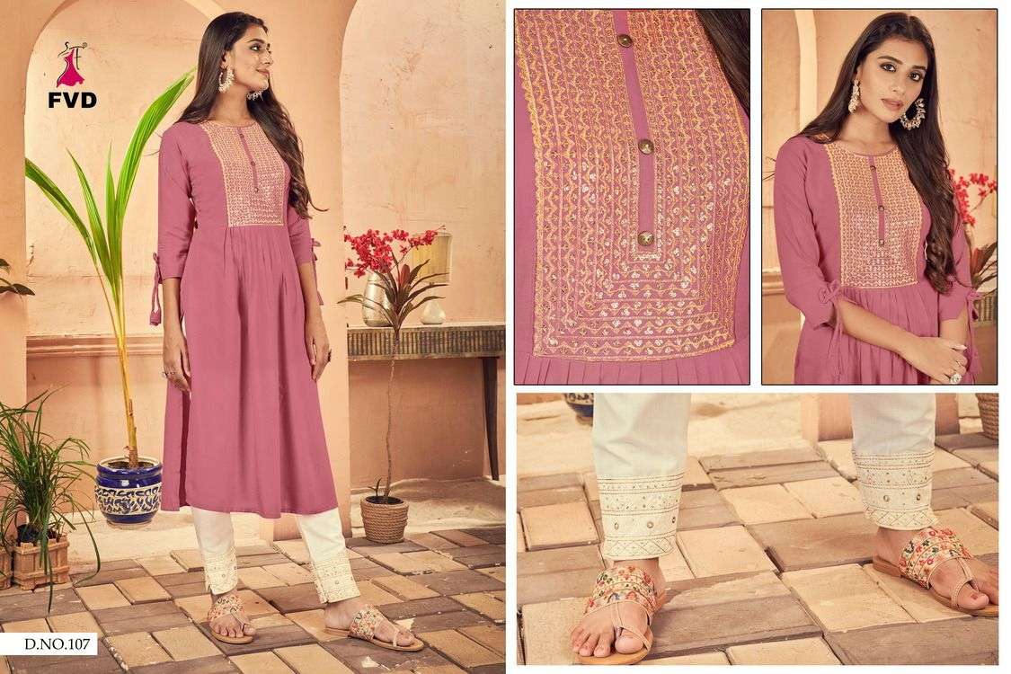 KESHAR BY FVD 101 TO 108 SERIES DESIGNER STYLISH FANCY COLORFUL BEAUTIFUL PARTY WEAR & ETHNIC WEAR COLLECTION RAYON PRINT KURTIS WITH BOTTOM AT WHOLESALE PRICE