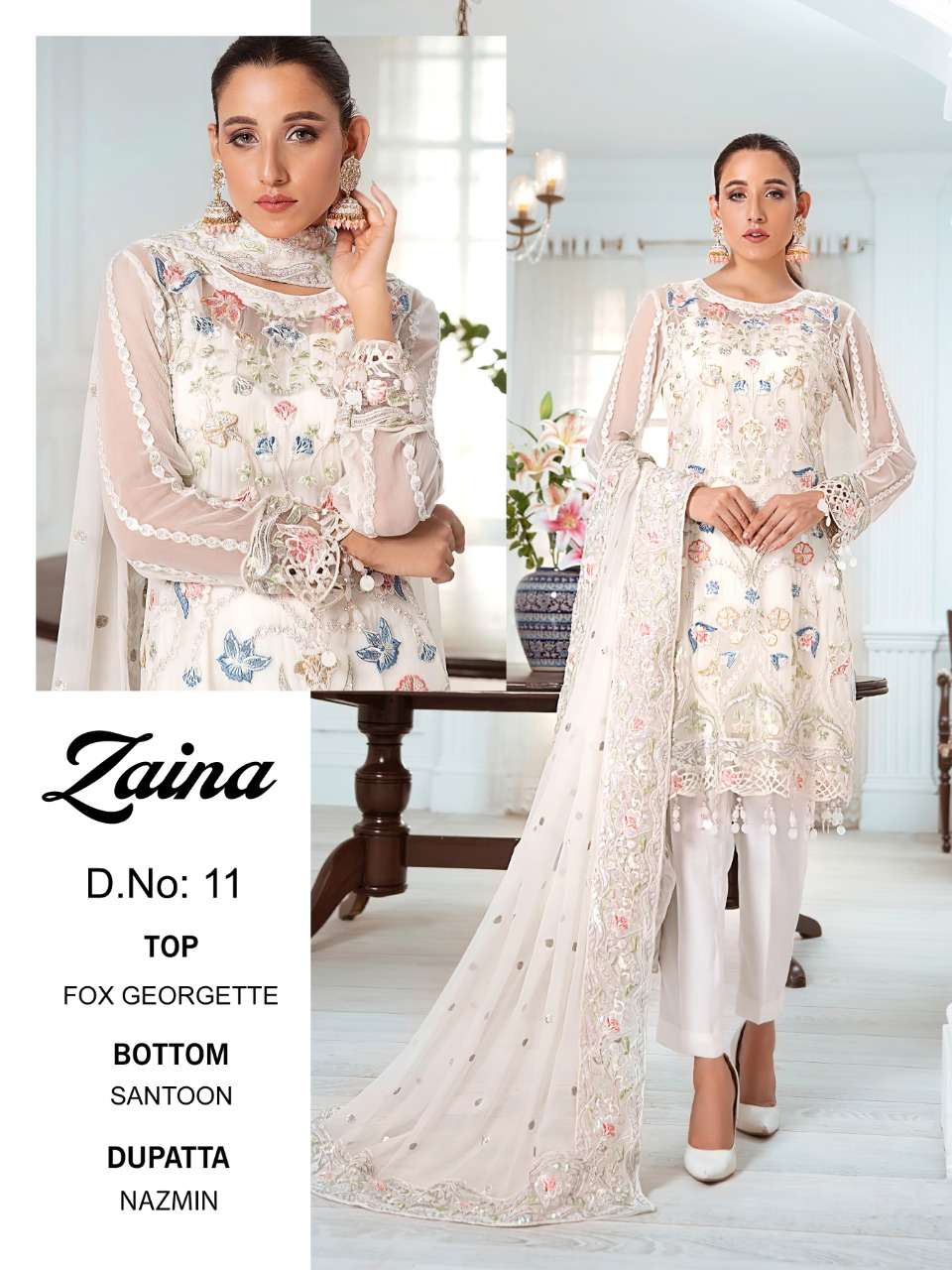 ZAINA BY FASHID WHOLESALE 11 TO 14 SERIES DESIGNER PAKISTANI SUITS BEAUTIFUL STYLISH FANCY COLORFUL PARTY WEAR & OCCASIONAL WEAR FAUX GEORGETTE EMBROIDERED DRESSES AT WHOLESALE PRICE