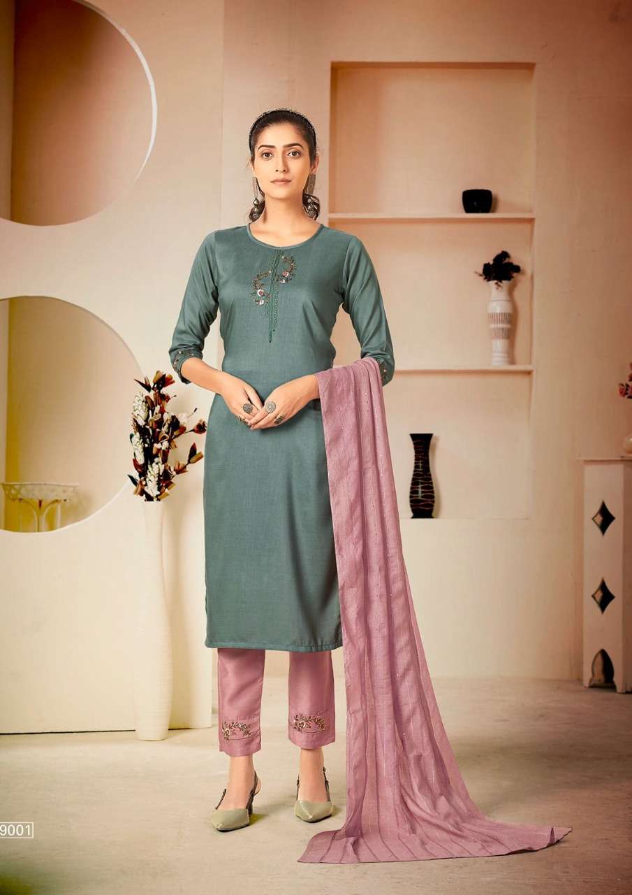 MASCARA BY RT 9001 TO 9006 SERIES BEAUTIFUL SUITS COLORFUL STYLISH FANCY CASUAL WEAR & ETHNIC WEAR CHINNON SILK DRESSES AT WHOLESALE PRICE