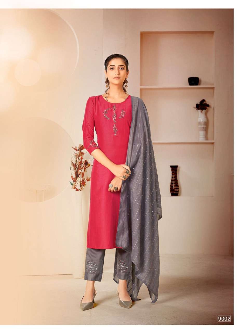 MASCARA BY RT 9001 TO 9006 SERIES BEAUTIFUL SUITS COLORFUL STYLISH FANCY CASUAL WEAR & ETHNIC WEAR CHINNON SILK DRESSES AT WHOLESALE PRICE