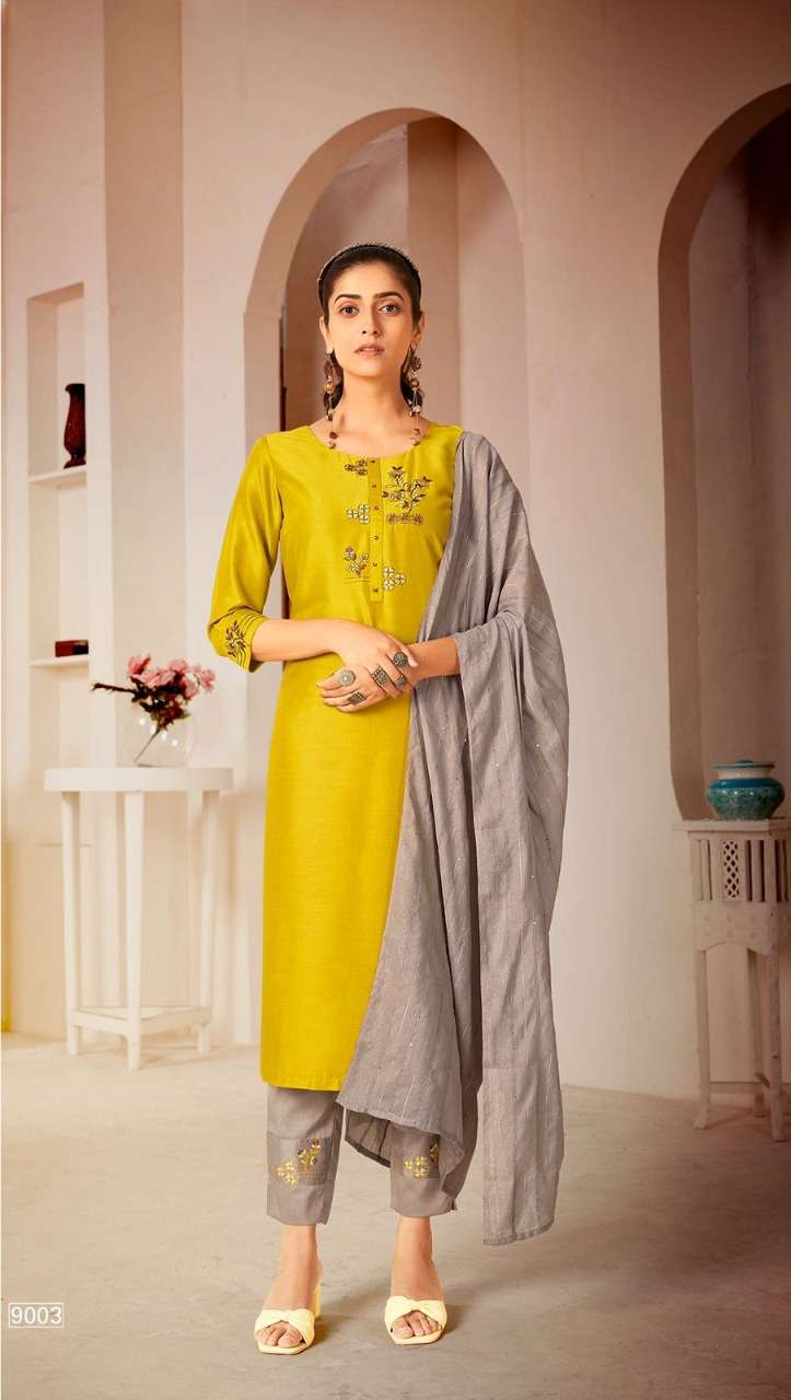 MASCARA BY RT 9001 TO 9006 SERIES BEAUTIFUL SUITS COLORFUL STYLISH FANCY CASUAL WEAR & ETHNIC WEAR CHINNON SILK DRESSES AT WHOLESALE PRICE