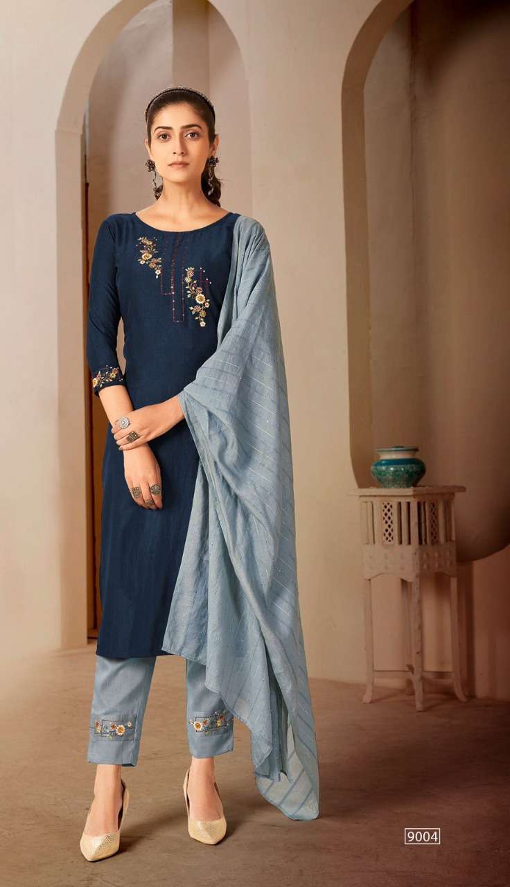 MASCARA BY RT 9001 TO 9006 SERIES BEAUTIFUL SUITS COLORFUL STYLISH FANCY CASUAL WEAR & ETHNIC WEAR CHINNON SILK DRESSES AT WHOLESALE PRICE