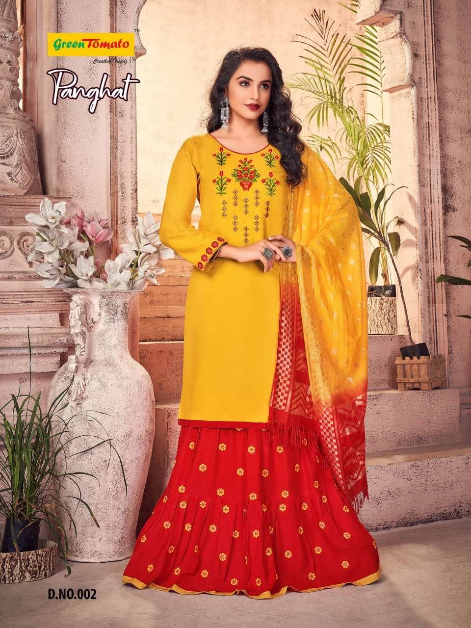 PANGHAT BY GREEN TOMATO 1001 TO 1008 SERIES BEAUTIFUL SUITS COLORFUL STYLISH FANCY CASUAL WEAR & ETHNIC WEAR HEAVY RAYON EMBROIDERED DRESSES AT WHOLESALE PRICE