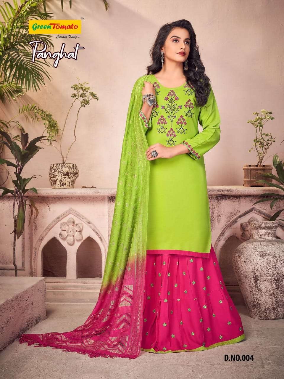 PANGHAT BY GREEN TOMATO 1001 TO 1008 SERIES BEAUTIFUL SUITS COLORFUL STYLISH FANCY CASUAL WEAR & ETHNIC WEAR HEAVY RAYON EMBROIDERED DRESSES AT WHOLESALE PRICE