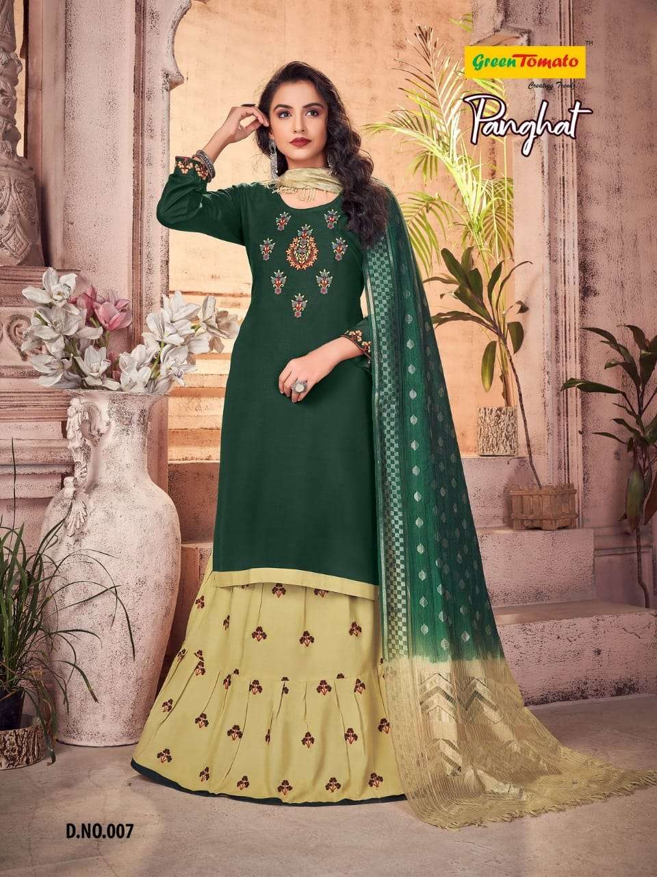 PANGHAT BY GREEN TOMATO 1001 TO 1008 SERIES BEAUTIFUL SUITS COLORFUL STYLISH FANCY CASUAL WEAR & ETHNIC WEAR HEAVY RAYON EMBROIDERED DRESSES AT WHOLESALE PRICE