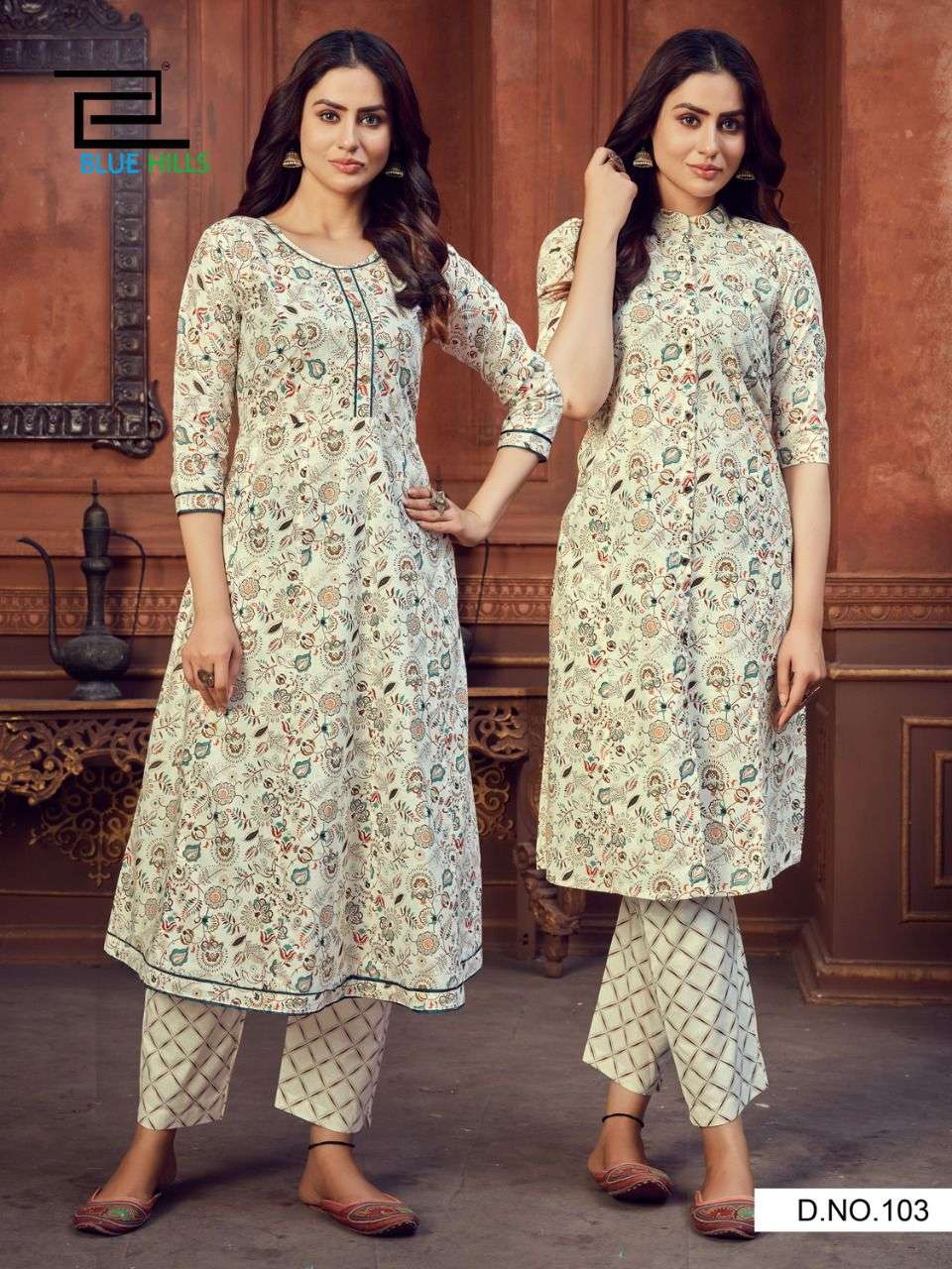 FUSION BY BLUE HILLS 101 TO 106 SERIES DESIGNER STYLISH FANCY COLORFUL BEAUTIFUL PARTY WEAR & ETHNIC WEAR COLLECTION COTTON CAMBRIC PRINT KURTIS WITH BOTTOM AT WHOLESALE PRICE